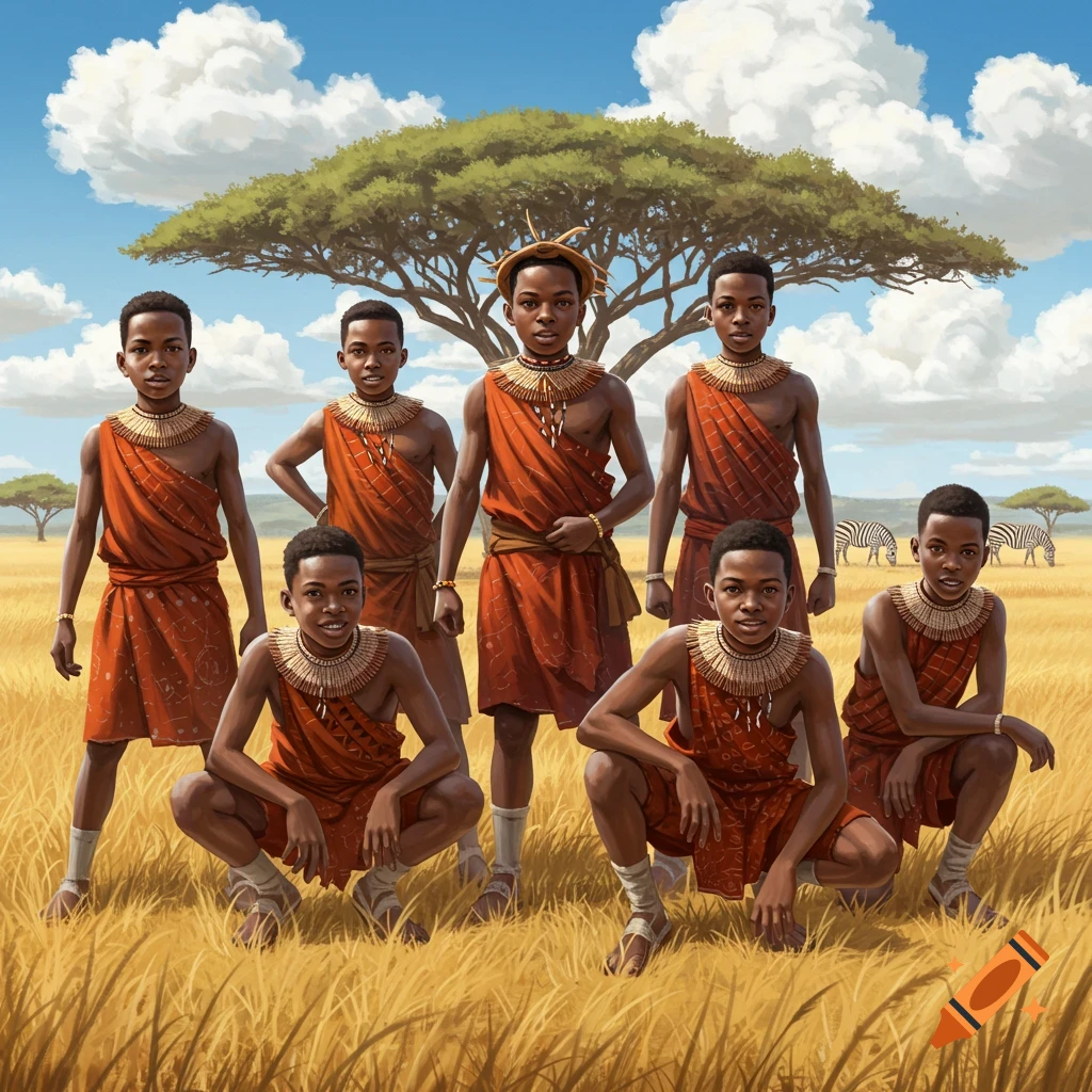 Seven young boys in red traditional clothing and beaded necklaces stand and crouch in a grassy savanna with an acacia tree and zebras under a blue sky.