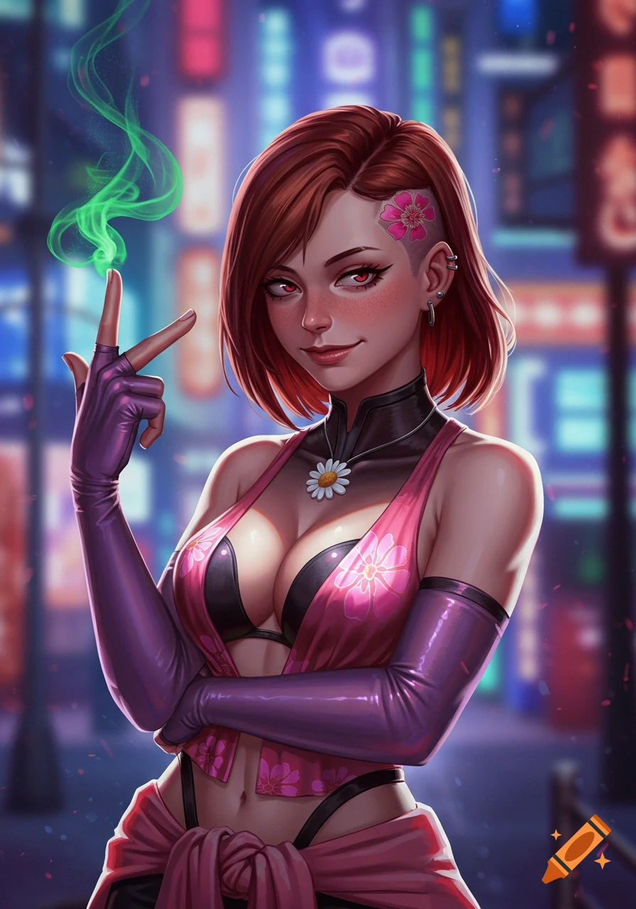 A female anime character with red hair and a pink flower tattoo, wearing a revealing cyberpunk outfit and purple gloves, making a finger gun gesture with green smoke at her fingertip in a neon city.