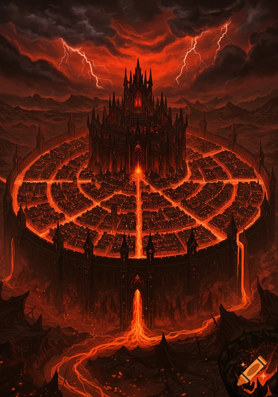 A dark, circular city fortress in a hellish landscape of lava and dark skies, with red lightning illuminating the ominous scene.