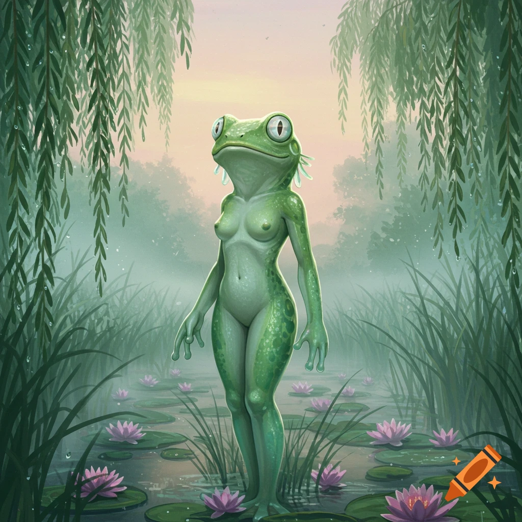 A humanoid frog-like creature with green skin stands in a misty swamp with water lilies and willow trees.