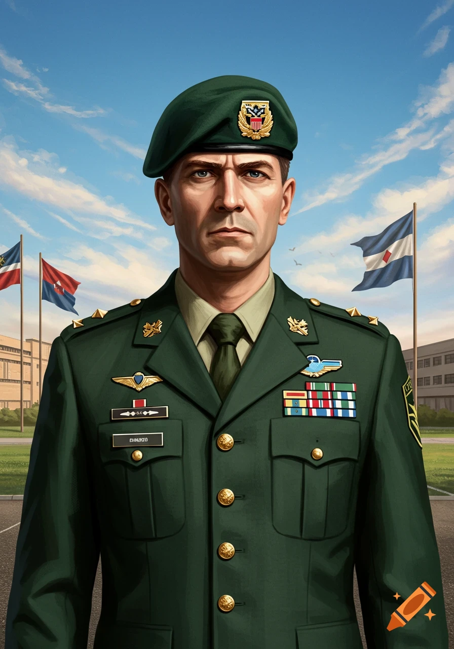 Illustrative portrait of a serious army officer in a green uniform and beret, standing outdoors with flags in the background.