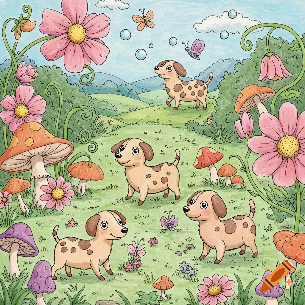 A whimsical cartoon coloring page illustration shows four spotted puppies among large pink flowers, colorful mushrooms, and butterflies in a grassy, hilly field under a blue sky with bubbles.