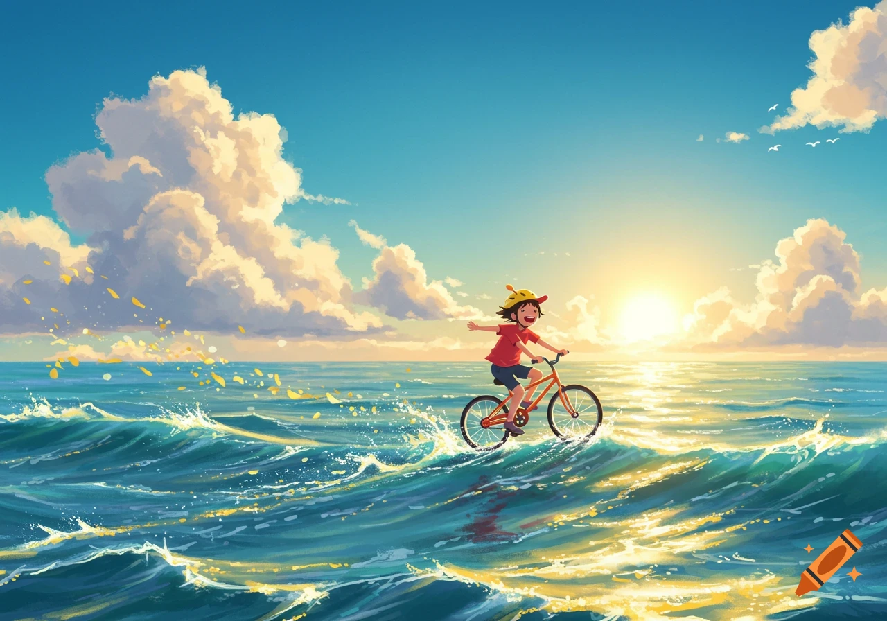 A vibrant illustration of a child joyfully riding a bicycle on large ocean waves with a bright sun setting behind them.
