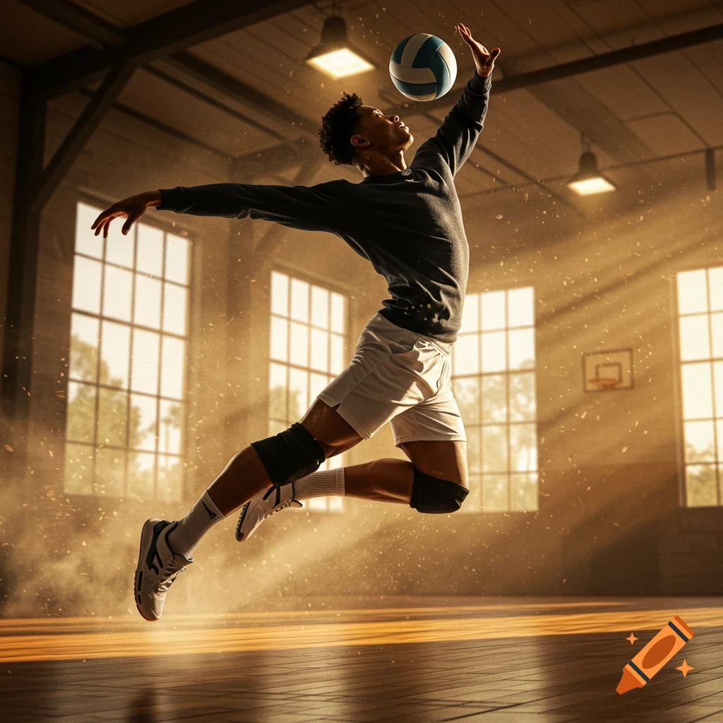 A male volleyball player jumps to spike a ball in a sunlit gym, dust particles visible in the air.