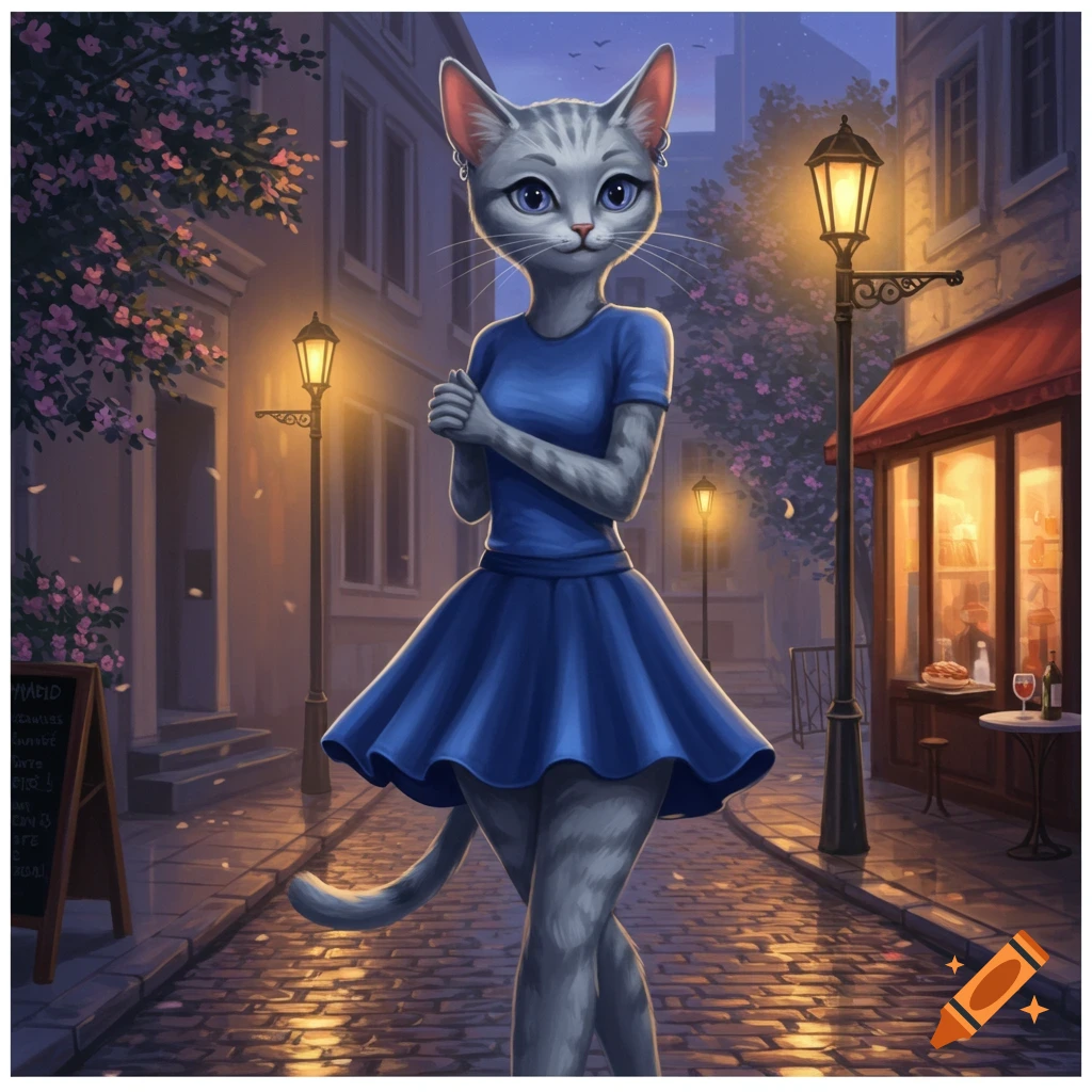 A grey anthropomorphic cat wearing a blue dress stands on a cobblestone street at dusk, flanked by lampposts and buildings with flowers.