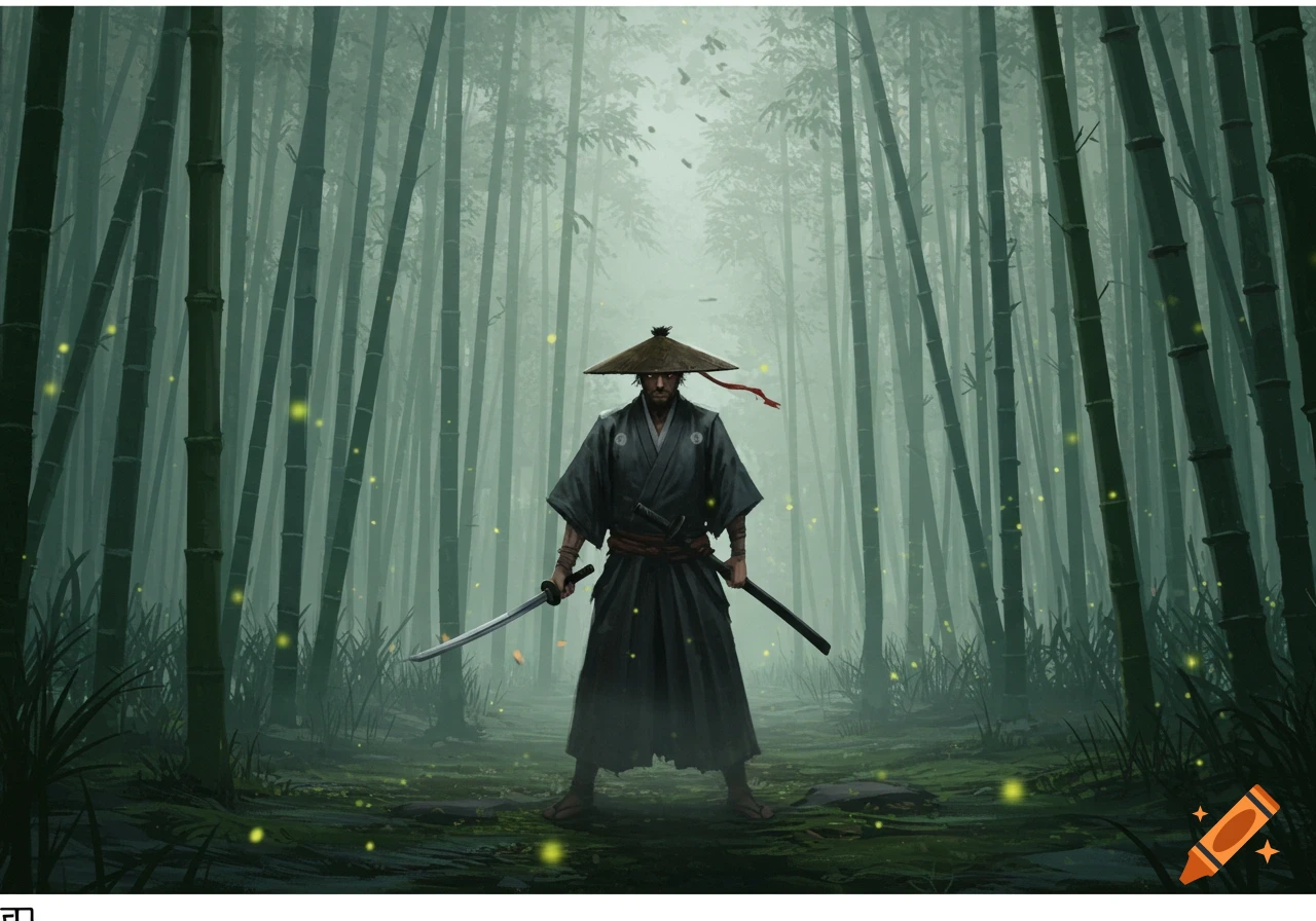 A samurai warrior in a conical hat stands with two swords in a mystical bamboo forest with glowing lights.