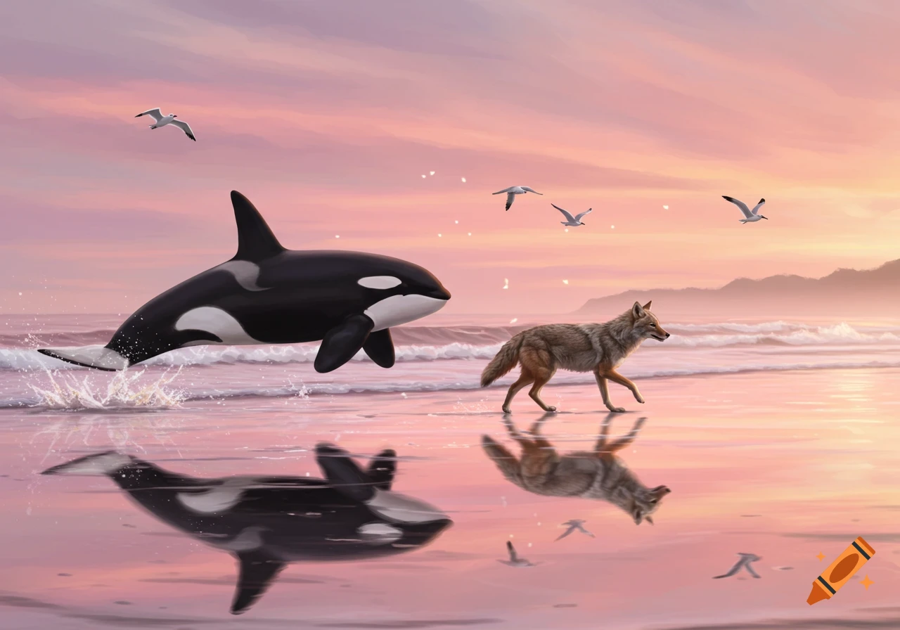An orca leaps from the water beside a coyote walking on a pink-hued beach at sunset, with seagulls flying above.