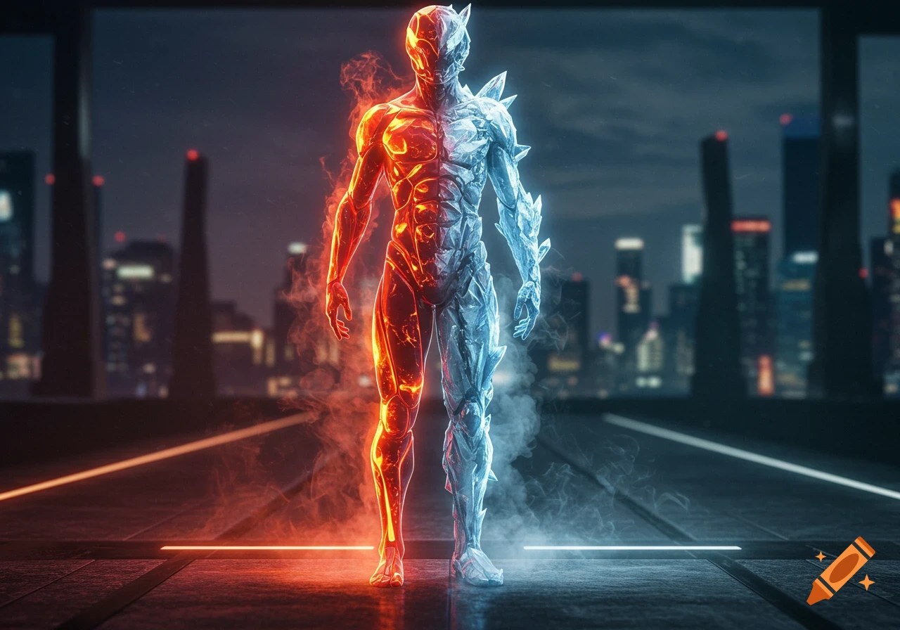 A humanoid figure split down the middle, one half fire and the other ice, stands in a futuristic city at dusk.
