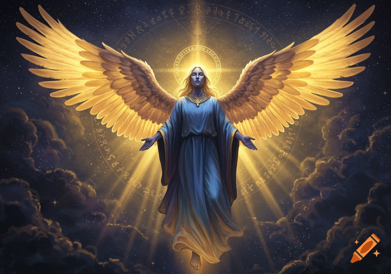 A majestic golden-winged angel in a blue robe stands with outstretched arms, surrounded by glowing light and mystical symbols against a starry sky with clouds.