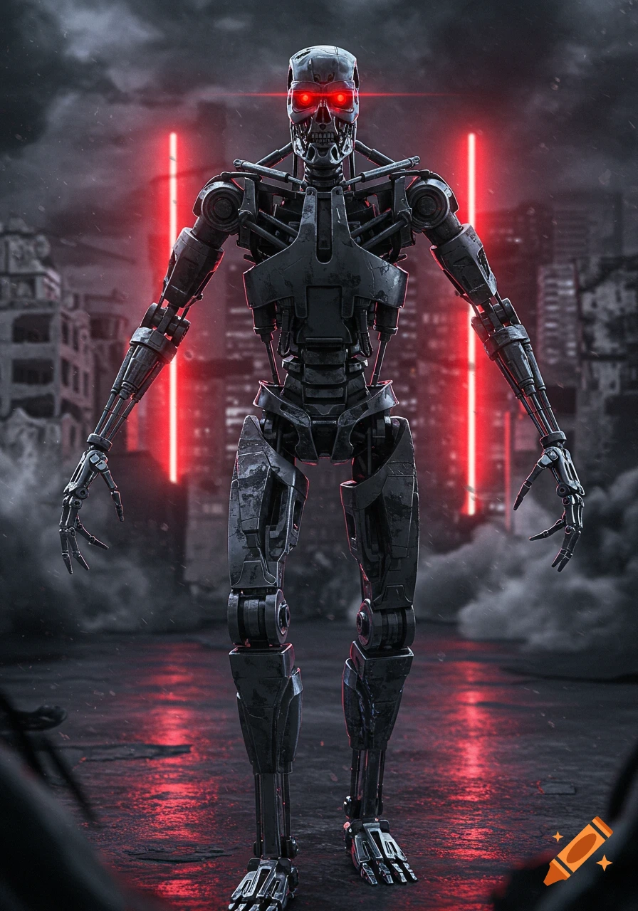 Photorealistic image of a menacing metallic robot with glowing red eyes standing in a ruined city under a dark sky with red neon lights.