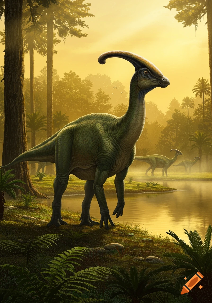 A large green Parasaurolophus stands by a misty lake in a prehistoric forest with two other dinosaurs in the background, bathed in golden light.
