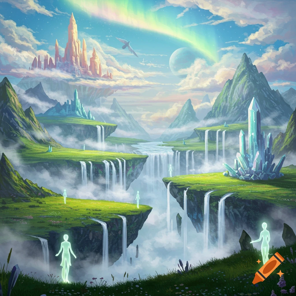 A vibrant fantasy landscape with floating islands, multiple waterfalls, large crystals, glowing figures, and a rainbow arc in the sky.