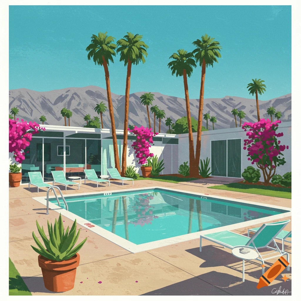 An illustrated view of a Palm Springs mid-century modern house with a swimming pool, surrounded by palm trees and bougainvillea, mountains in the background.
