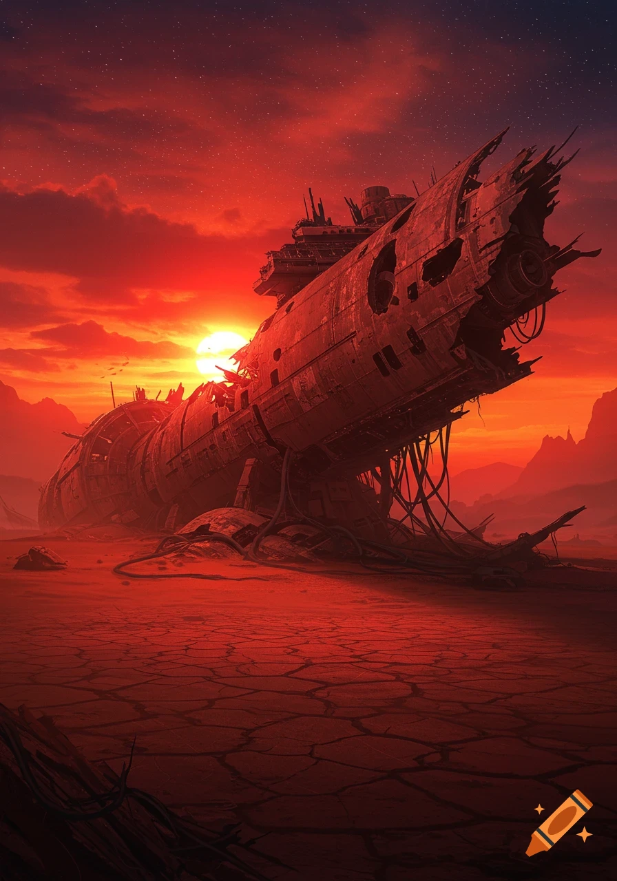 A massive, ruined spaceship lies crashed on a cracked red desert planet under a bright red sunset, in a digital art style.