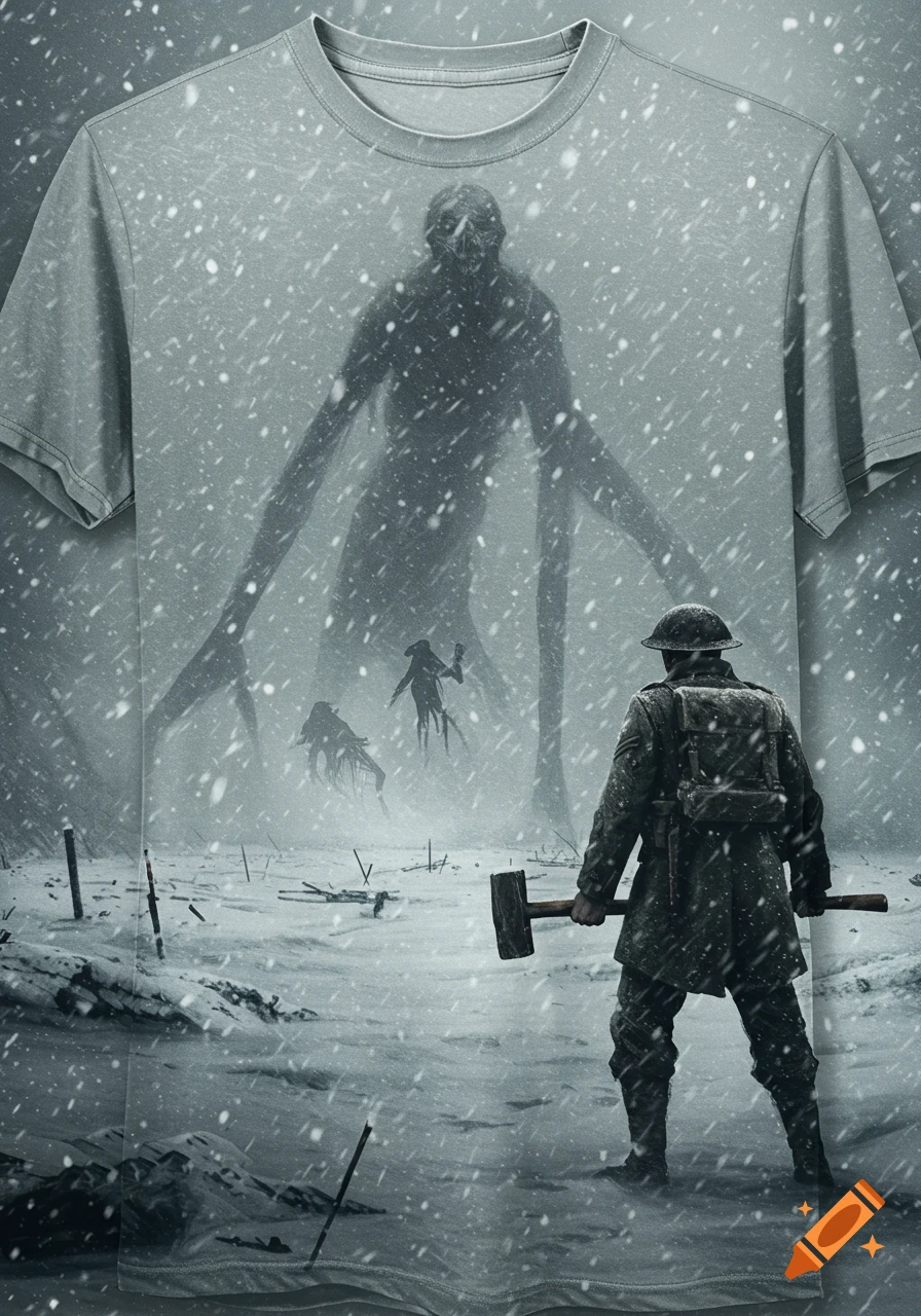 Photorealistic T-shirt design showing a WWI soldier with a hammer confronting lanky monsters in a snowy, desolate battlefield.