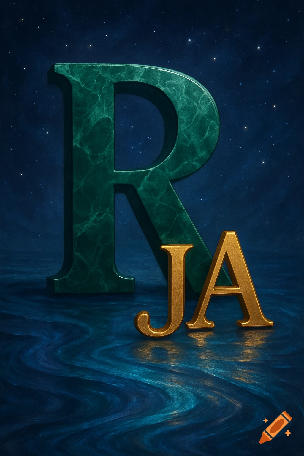 A large green marble letter R stands in water with reflections, under a starry night sky, next to smaller golden letters J and A.
