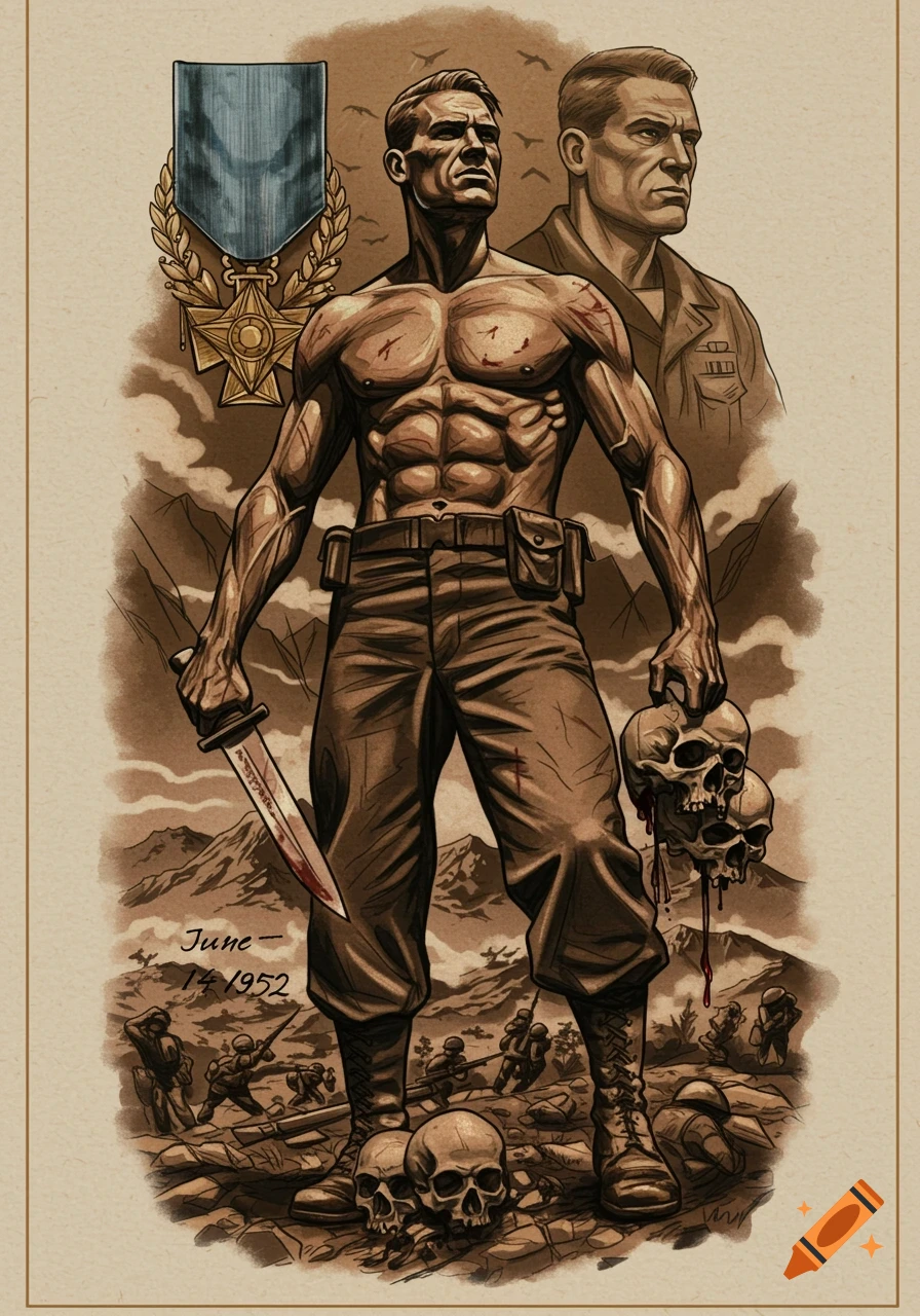 Stylized sepia illustration of a muscular soldier holding a knife and skulls, with a Medal of Honor, on a battlefield dated June 14, 1952.