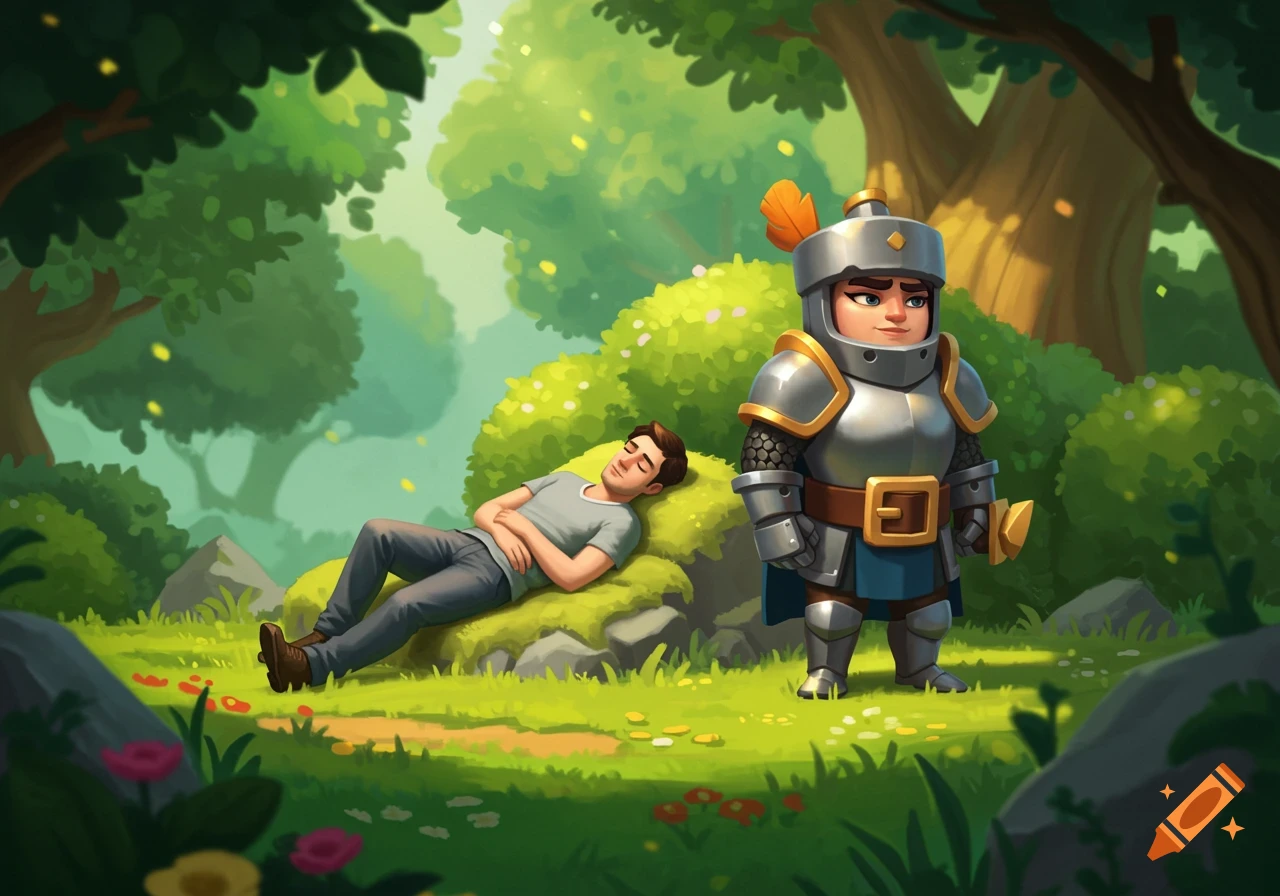 A cartoon illustration of a man sleeping on a mossy mound in a forest, while a stylized knight in silver armor stands beside him.