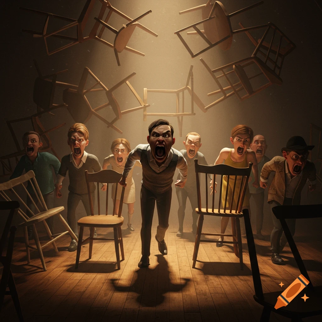 A group of angry, screaming people stand on a wooden floor with chairs flying around them in a stylized, dramatic scene.