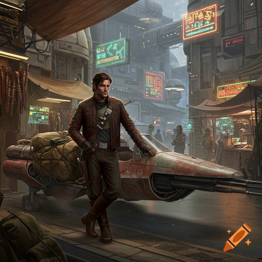 A man in a brown jacket and gloves stands next to a hovercraft in a bustling futuristic city market.