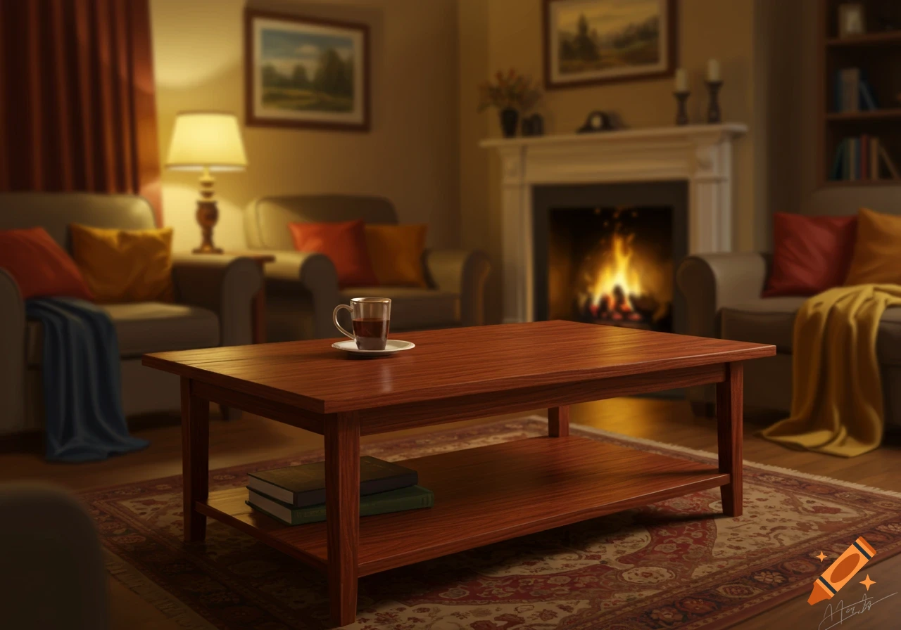 A cozy living room with a wooden coffee table in the foreground, a cup of tea, and books, illuminated by a fireplace in the background.