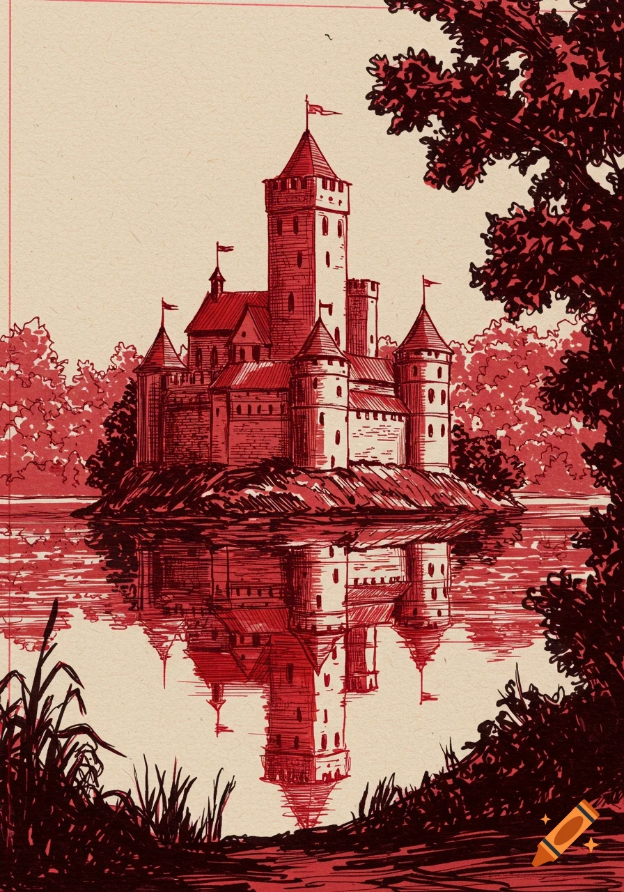 A red ink illustration of a tall medieval castle on an island, reflected in a lake surrounded by trees.