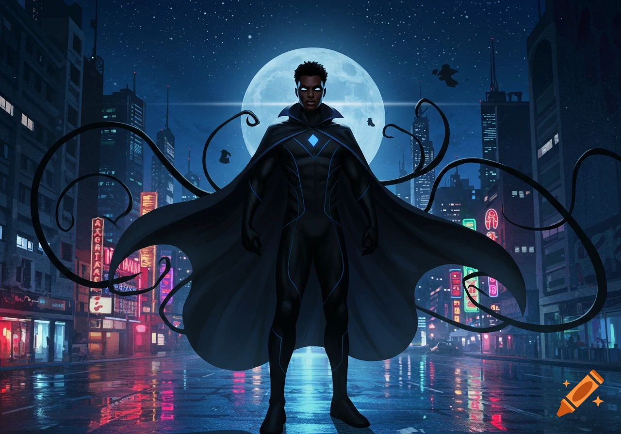 A Black male superhero in a dark suit and cape with glowing blue eyes and emblem stands on a rainy city street at night under a full moon, with dark tendrils swirling.