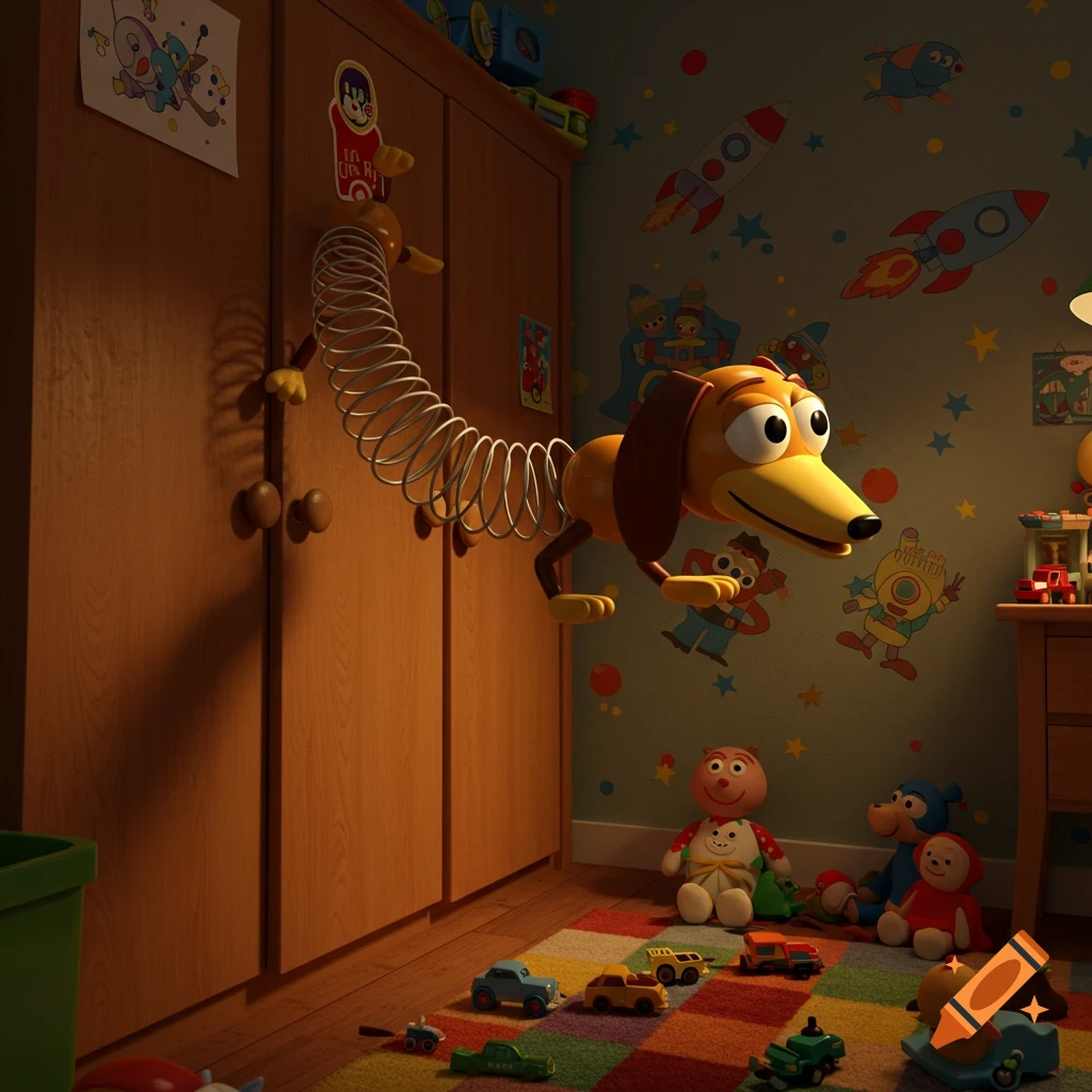 Slinky Dog from Toy Story stretched from a closet across a child's room with toys and decorative wallpaper.