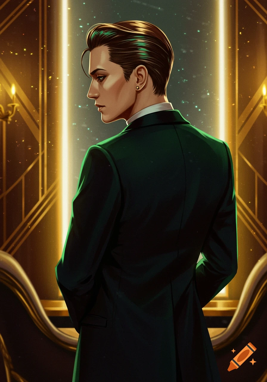 A stylized portrait of a man in a dark green suit, seen from behind with his face in profile, against a background of glowing golden pillars and sparkling lights.