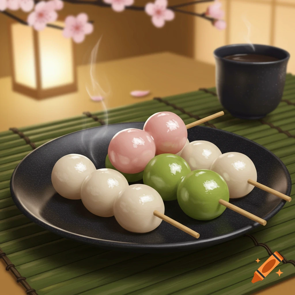 Pink, green, and white Japanese dango skewers on a black plate, on a bamboo mat, with tea and cherry blossoms. Photorealistic.
