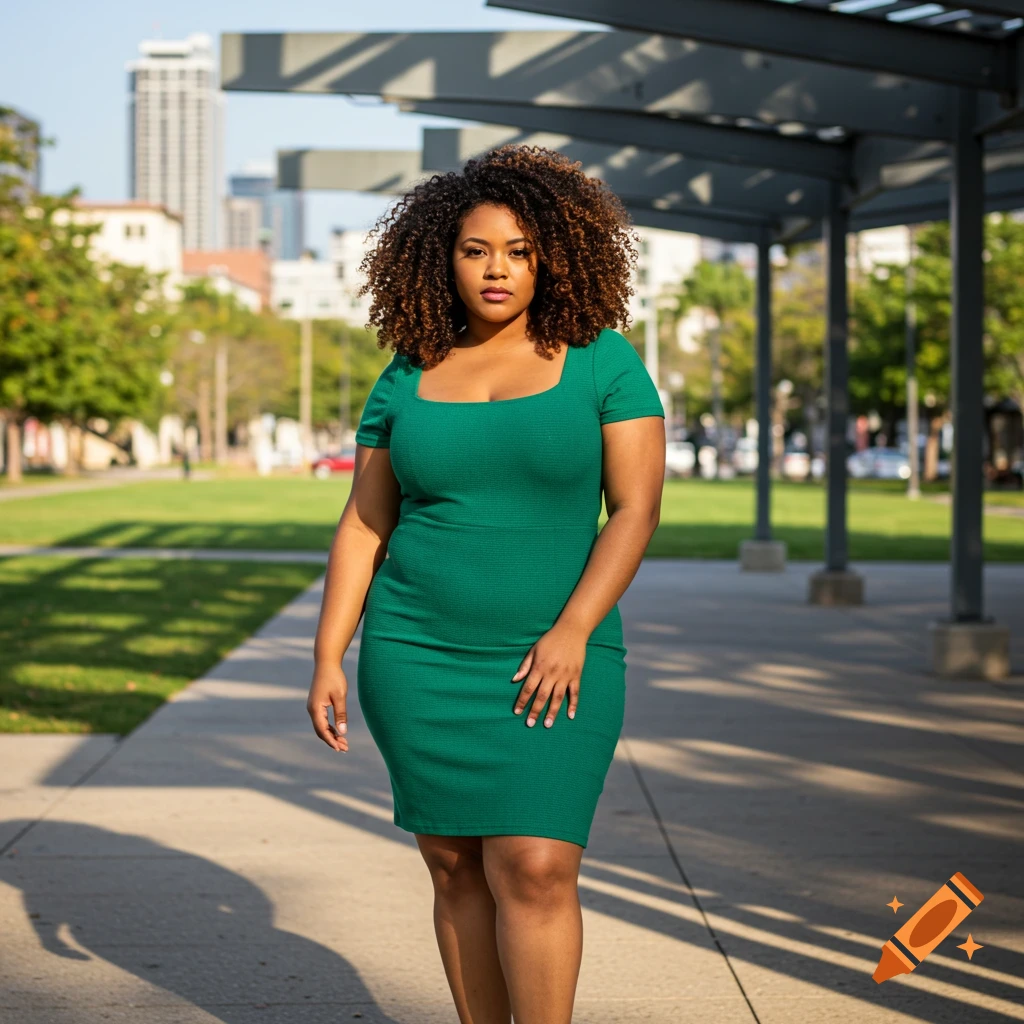 A full-figured Afro-Latina woman with curly hair in a green dress stands on a path in a sunny park with city buildings behind her.