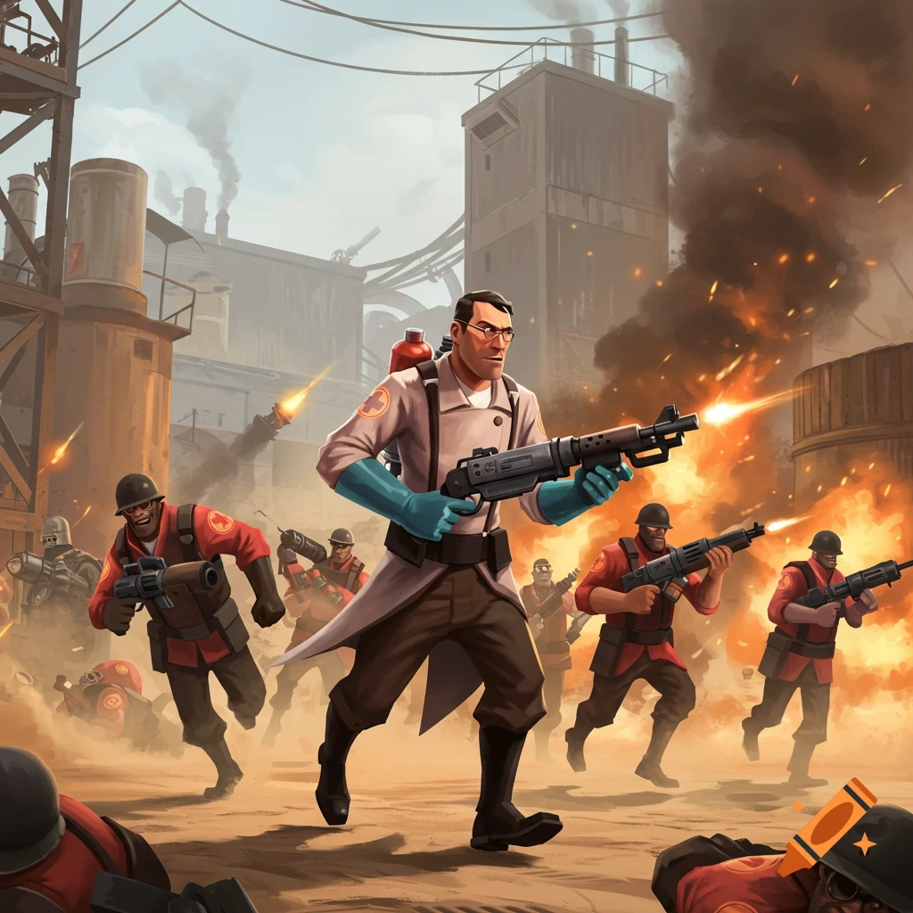 Team Fortress 2 Medic leading soldiers through a fiery battleground, wielding a gun amidst explosions and smoke.