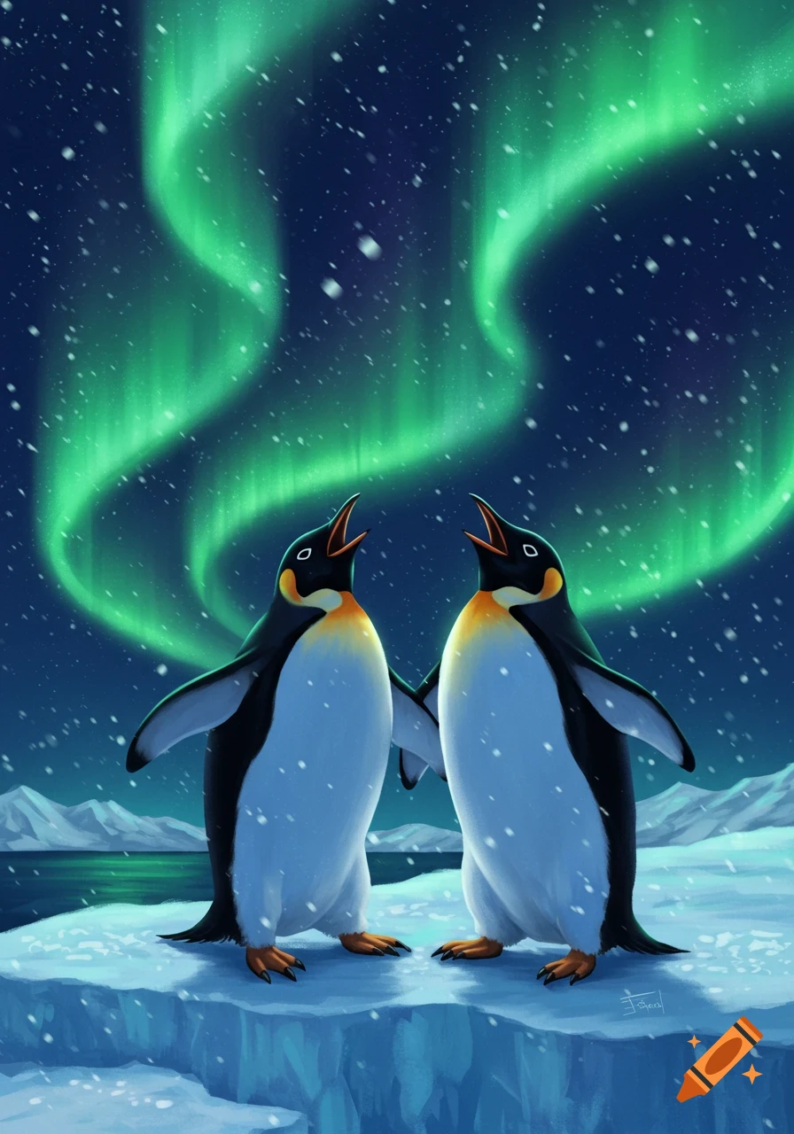 Two illustrated penguins stand on an ice floe, singing under a vibrant green aurora borealis in a snowy night sky.