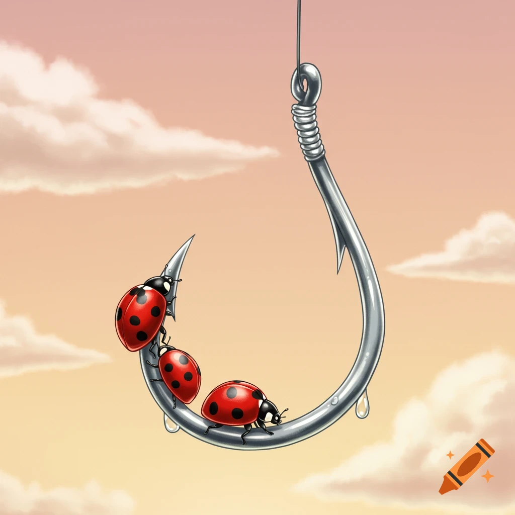 A cartoon illustration of three red ladybugs crawling on a silver fish hook against a pastel sky with clouds.