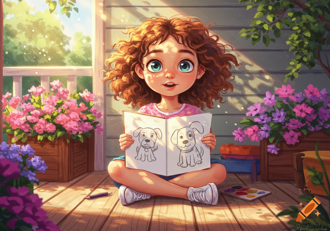 A cute cartoon girl with curly brown hair sits cross-legged on a wooden porch, holding open a drawing book showing two dog sketches, surrounded by flowers.