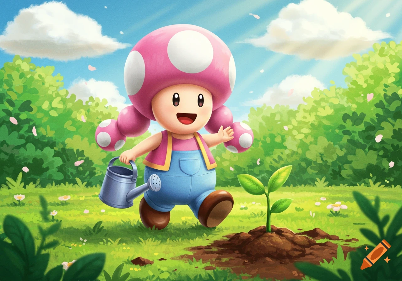 Toadette in pink hat and blue overalls walks with a watering can towards a small sprout in a lush green field under a blue sky.