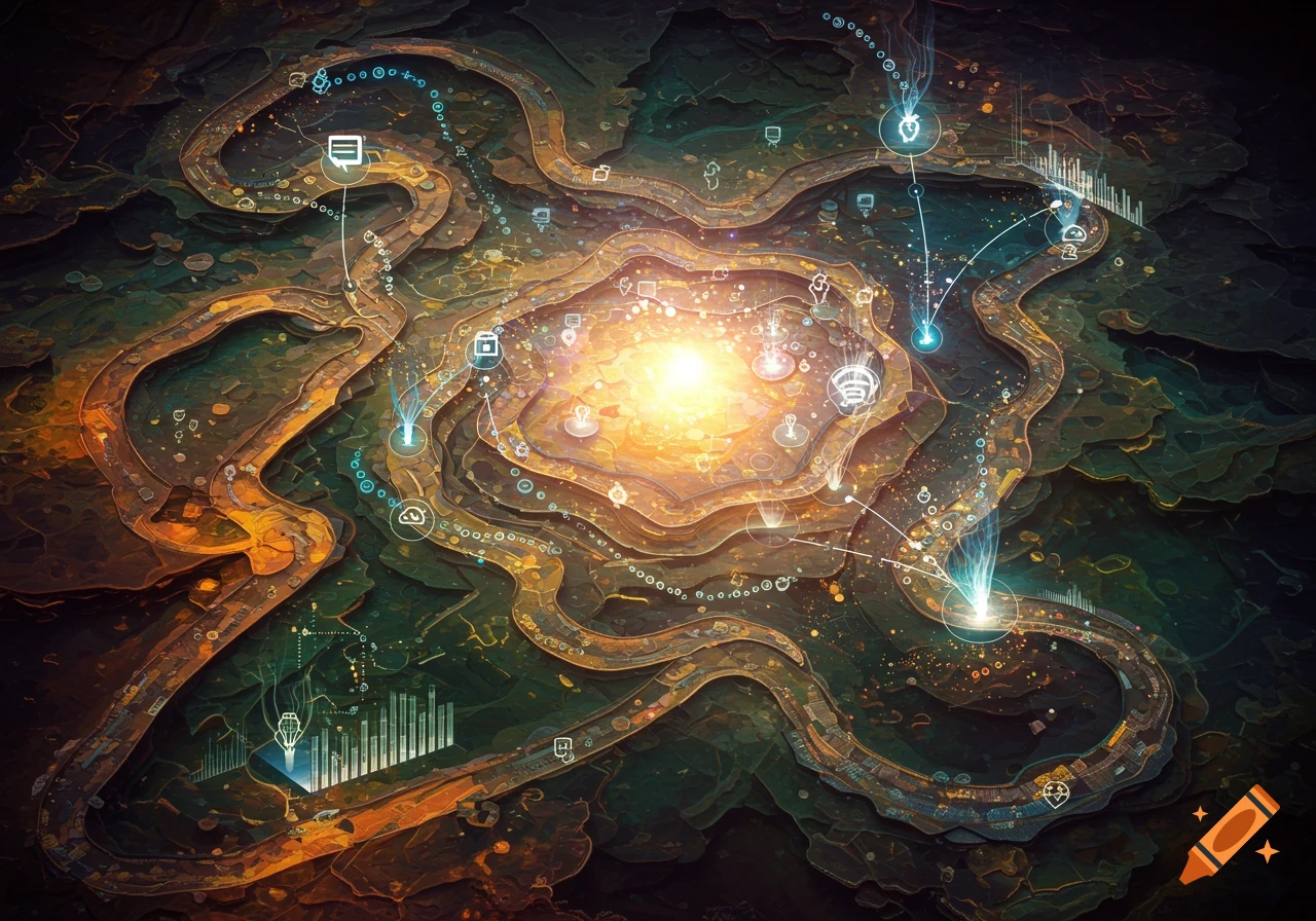 An abstract, intricate map-like illustration with winding paths, a central glowing light, and interconnected data nodes with tech icons.