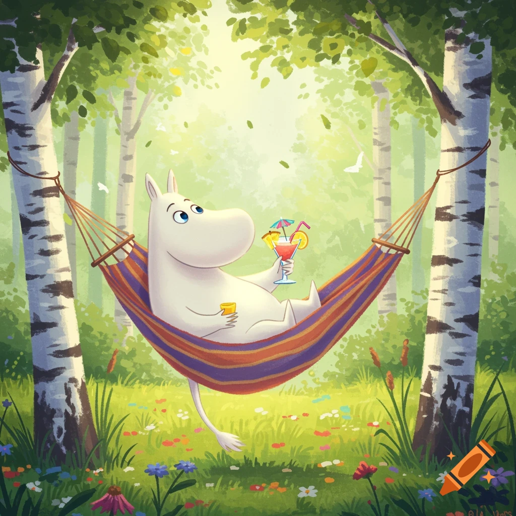 A Moomin character relaxes in a striped hammock between two birch trees, holding a cocktail in a lush green forest, whimsical illustration style.