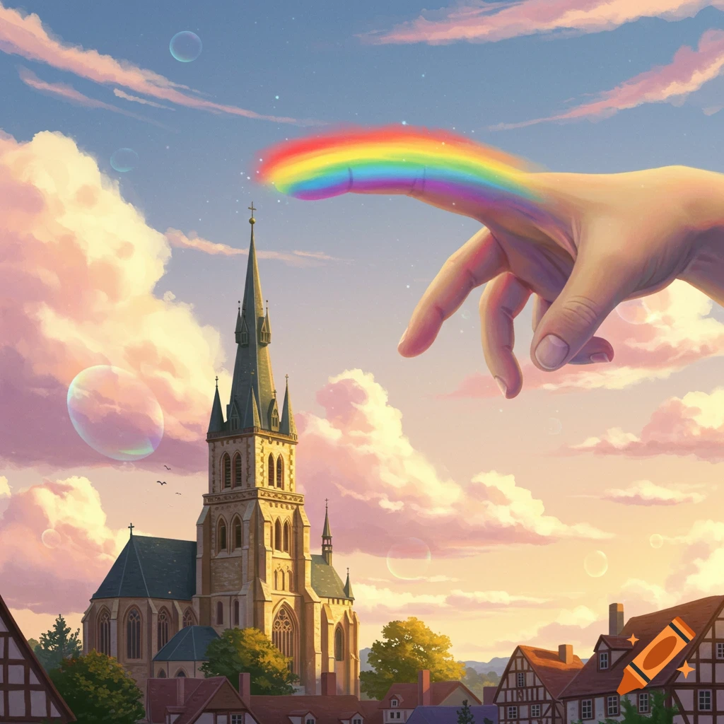 A giant hand with a rainbow finger reaches over a church in a village under a colorful, cloudy sky with bubbles, in a whimsical art style.
