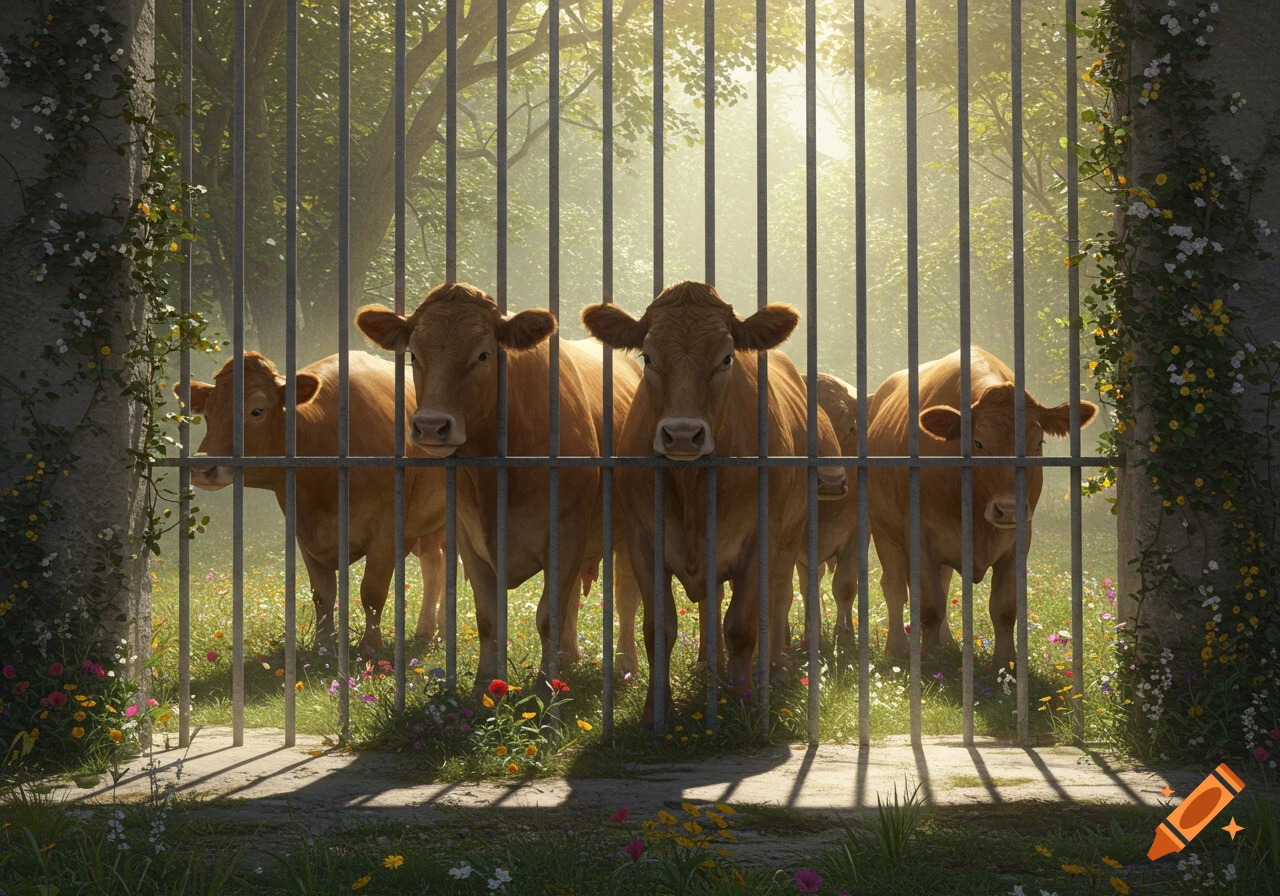 Photorealistic image of brown cows standing behind metal bars in a sunlit field of wildflowers with trees in the background.