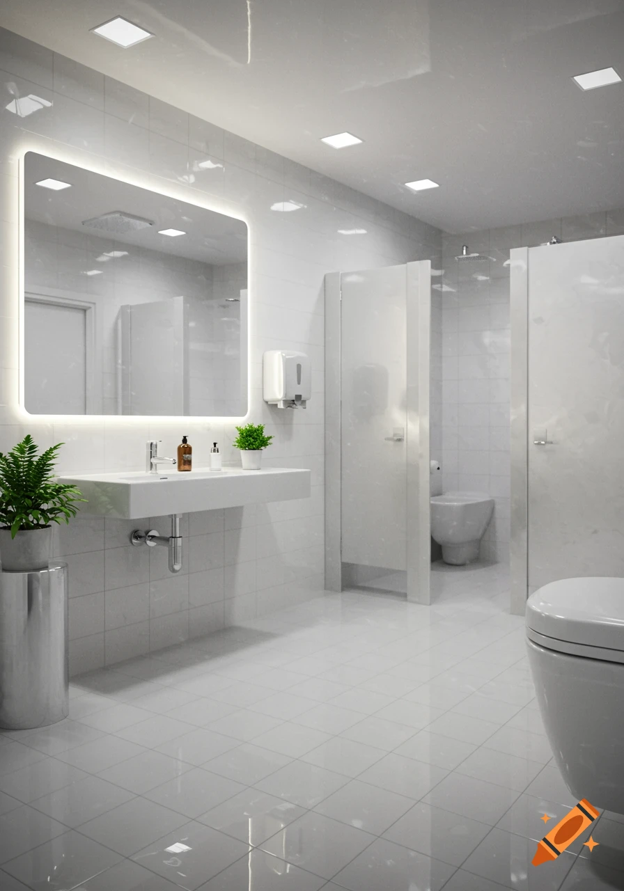 A sparkling clean, modern public restroom with white tiles, a floating sink, and toilet stalls.