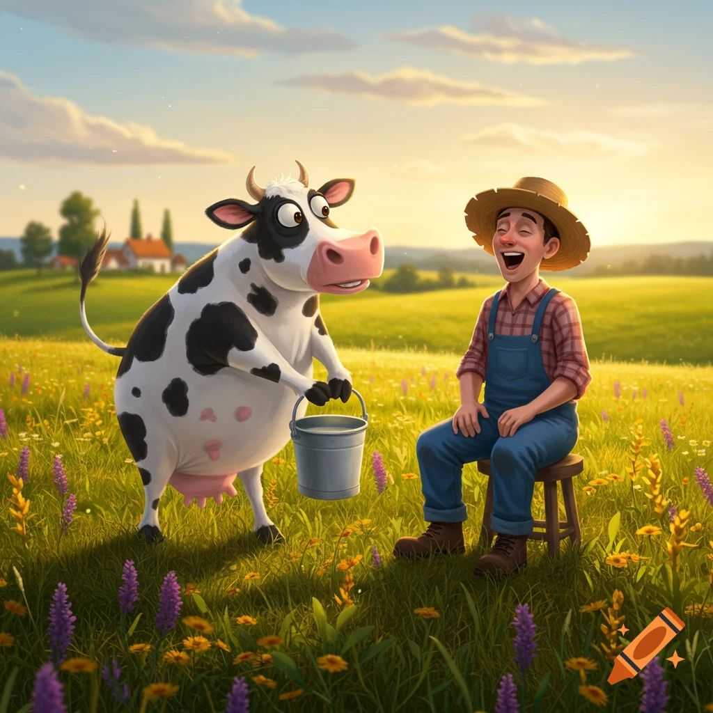 Cartoon cow milks a laughing farmer into a bucket in a sunny, flower-filled field.