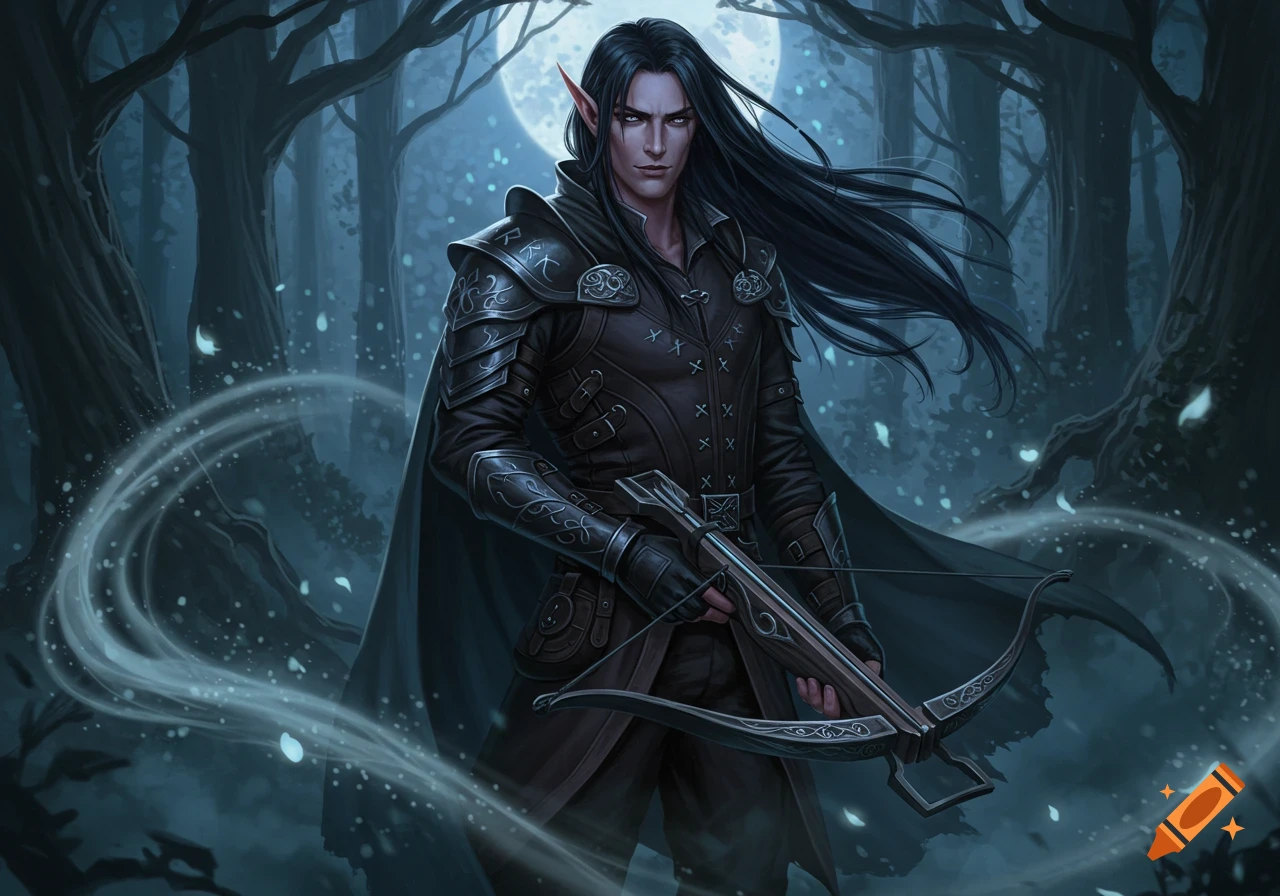 A male dark elf with long black hair and a crossbow stands in a moonlit forest.