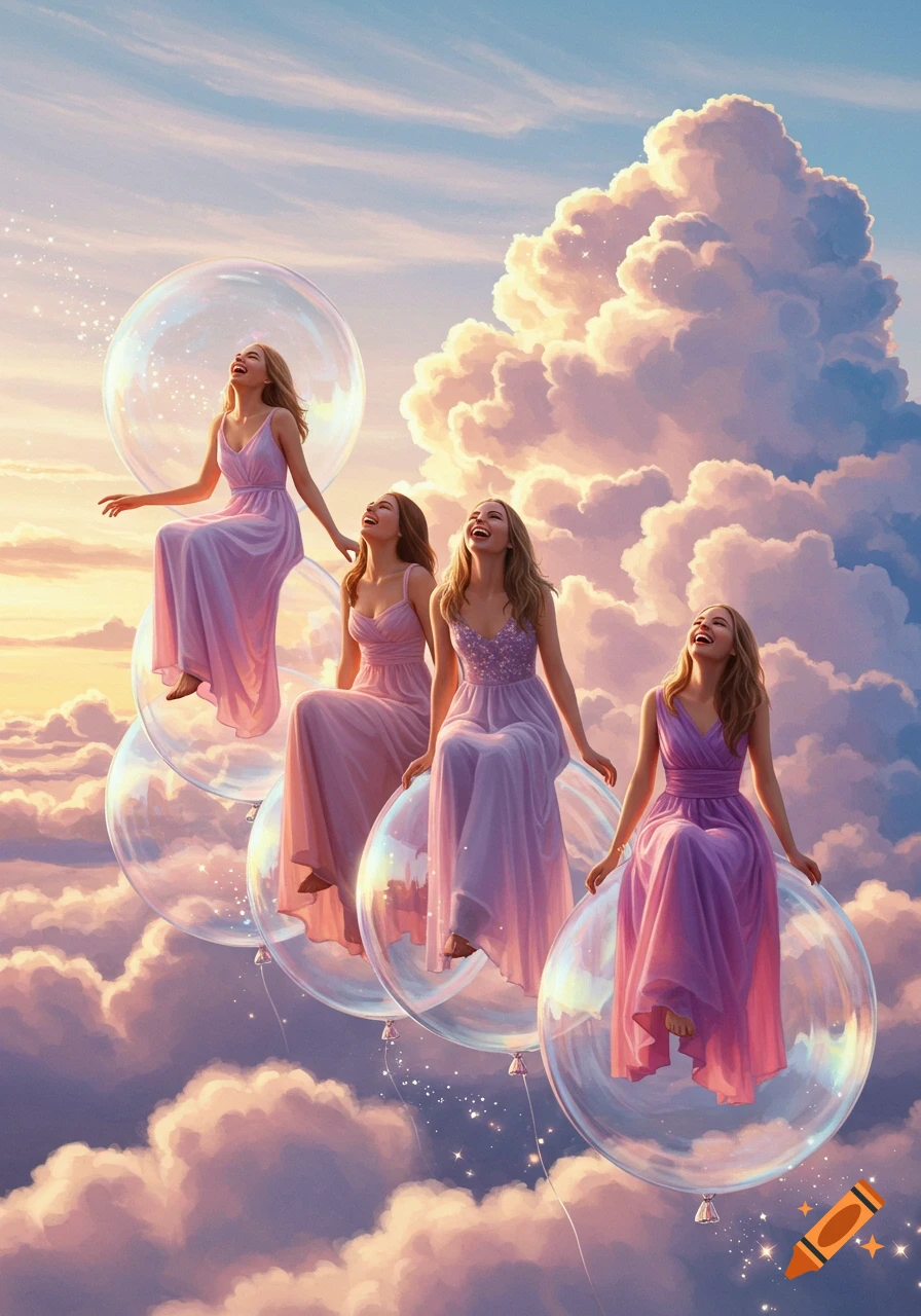 Four women in pastel dresses sit laughing on clear bubbles, floating through a sky filled with pink and purple clouds at sunset, digital art.
