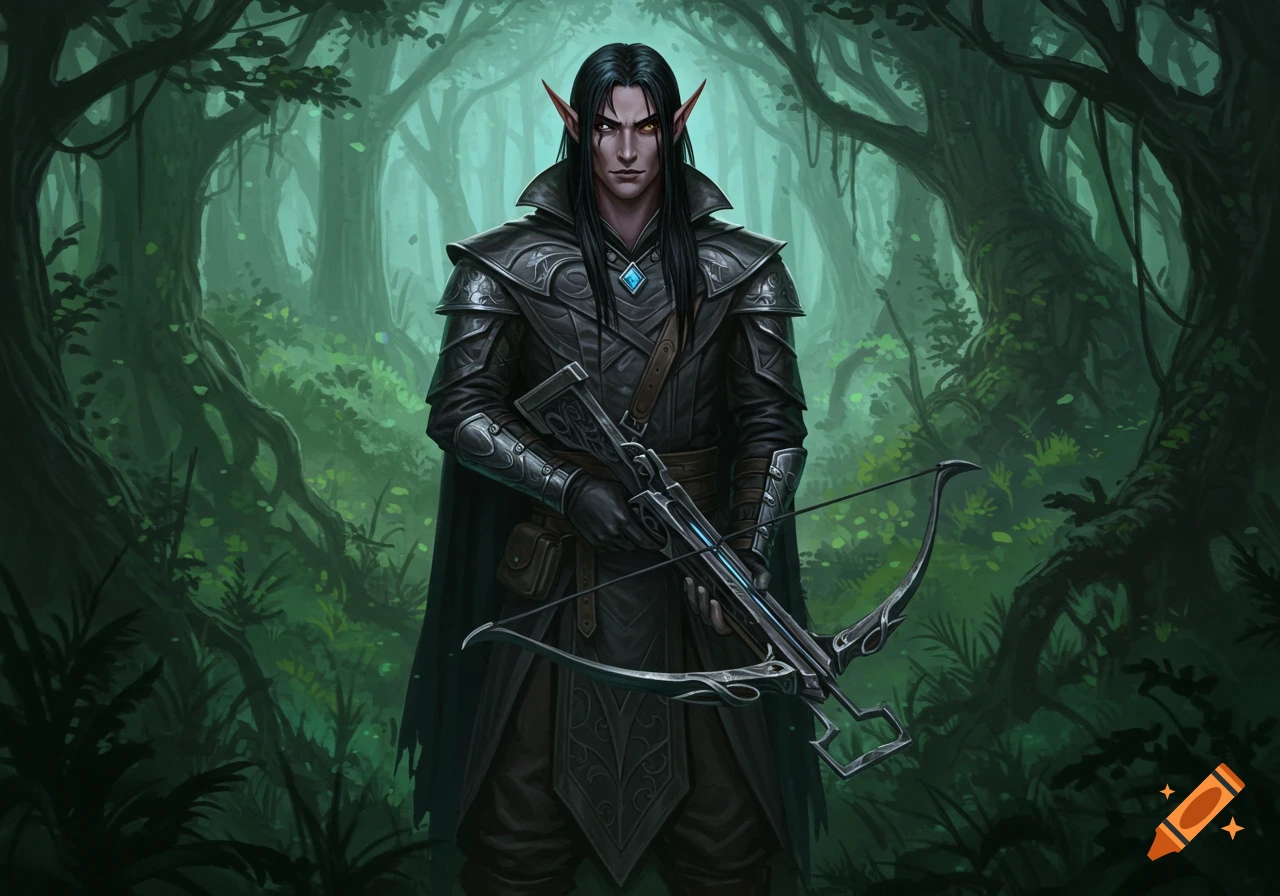 A male half-elf with long black hair, pointed ears, and glowing red eyes wears dark armor and holds a crossbow in a dense, dark forest.