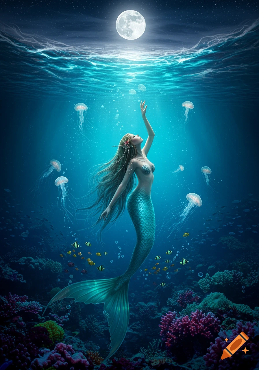 A beautiful mermaid with long green hair and a blue-green tail reaches towards a full moon in a vibrant underwater scene with jellyfish and coral.