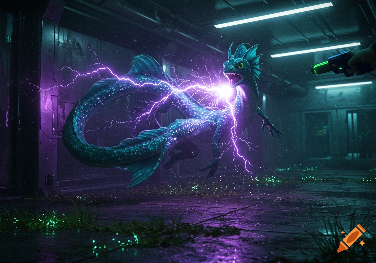 A teal aqualops creature recoils from purple lightning from a taser in a dark, cyberpunk-like setting.