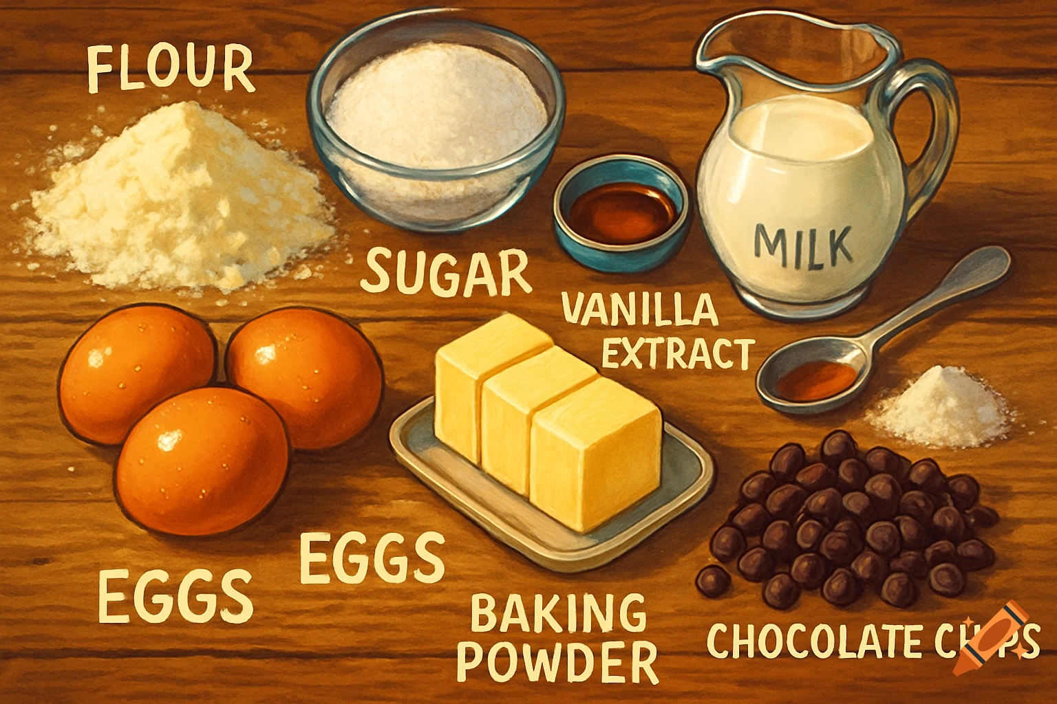 Baking ingredients including flour, sugar, milk, eggs, butter, chocolate chips, vanilla extract, and baking powder, labeled on a wooden surface, in an illustrative style.