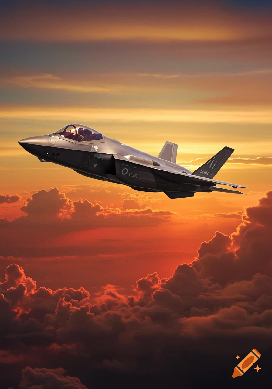 F-35 fighter jet flying high above vibrant orange and yellow clouds at sunset.