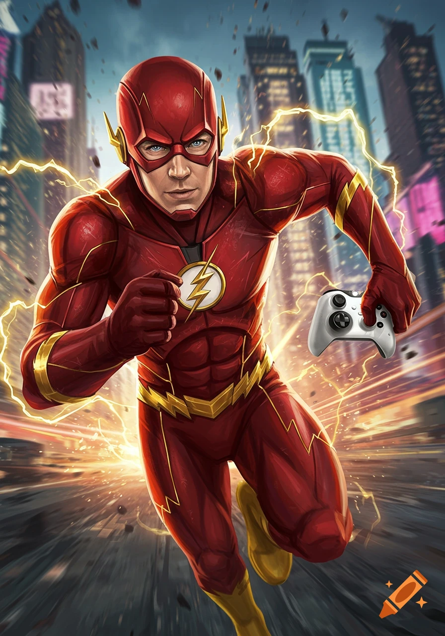 The Flash runs through a city, holding a white Xbox controller. Lightning bolts surge around him.